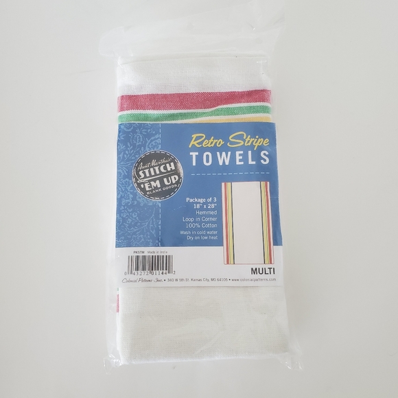 NIP! AUNT MARTHA'S Stitch 'Em Up 3 ct Retro Multi Color Stripe Towels 18"x 28" - Picture 5 of 7